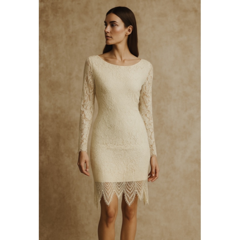 NEW She + Sky Scalloped Lace Shift Dress Open Back Cream Long Sleeve Cocktail